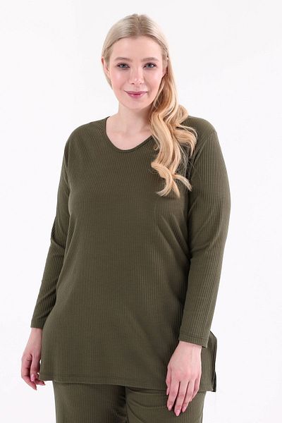 tarzımsüper Large Size Side Slit Double Suit with Corded Comfortable Trousers Tunic 2-Piece Stylish Bottom-Top Set