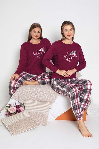 bie's Plum Crew Neck Button-Free Winter Thermal Pocket Wrist Cuff Jogger Long Sleeve Pajamas Set