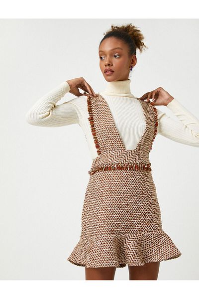 Koton Φόρεμα Tweed Salopet Gilet Frilly Χοντρές τιράντες με σχέδιο