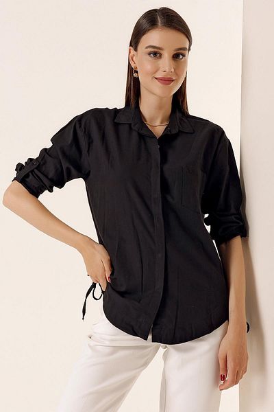 By Saygı Buttoned Sleeves, Single Pocket Shirt with Side Lacing