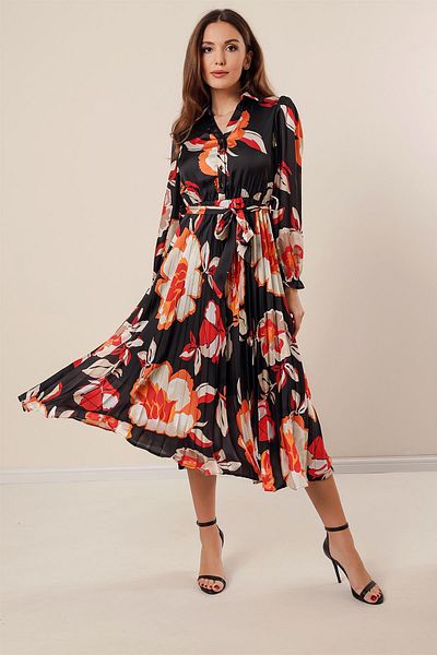 By Saygı Front Half Button Waist Belted Pleated Floral Print Lined Satin Dress
