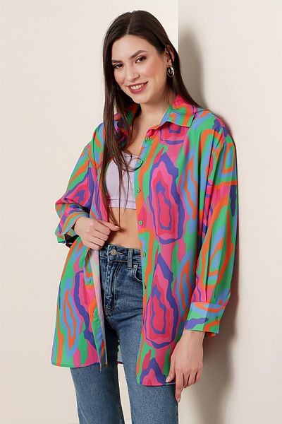 By Saygı Patterned Crepe Oversize Shirt