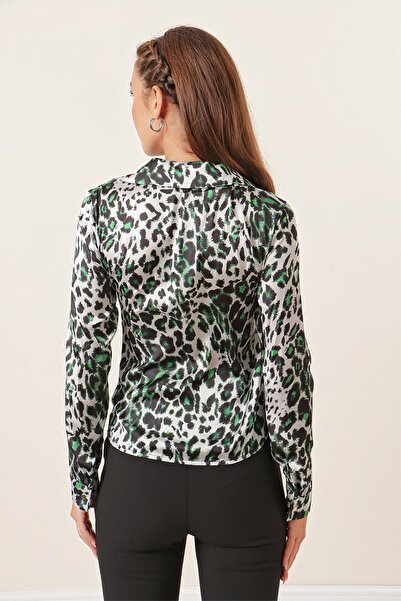 By Saygı Leopard Print Satin Shirt with Gathered Front