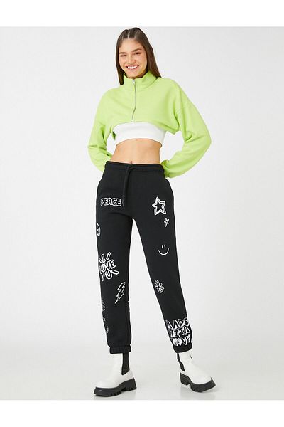 Koton Jogger Sweatpants Printed Tie Waist Elastic Legs Fleece Inside