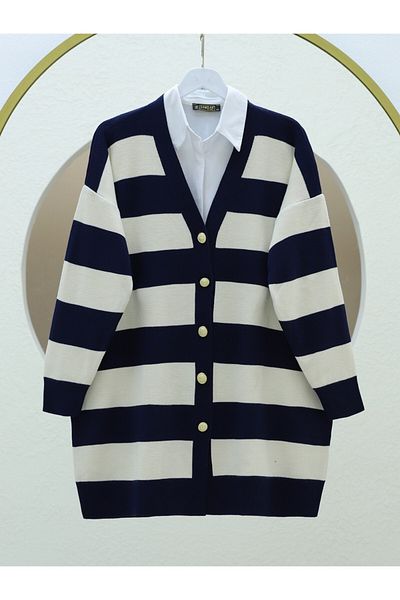 Modamorfo Striped Knitwear Cardigan - Brooch Button - Navy