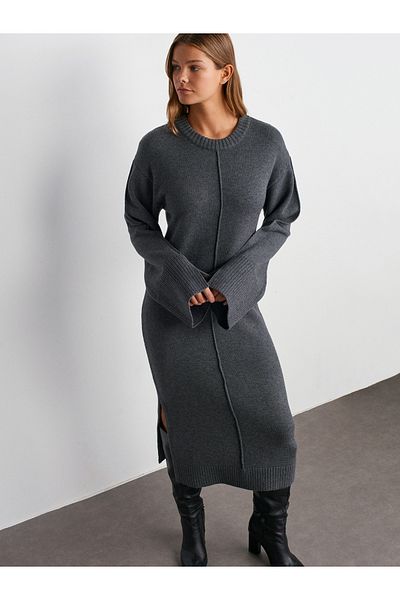 Dilvin 90236 Smoked M. - Knitwear Dress with Crew Neck and Slit
