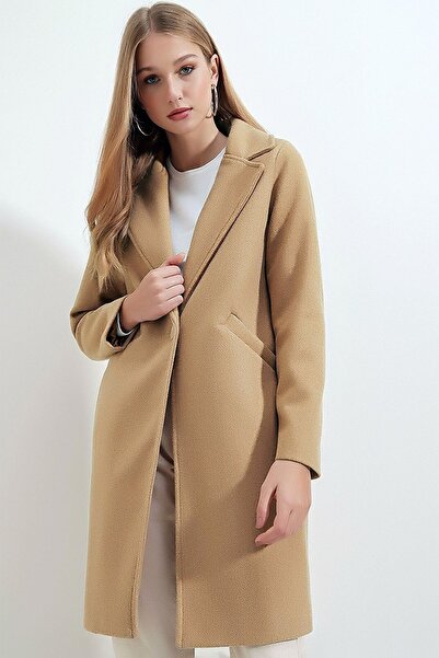 Vivika Kadın Ceket Yaka Tek Düğmeli Astarlı Cepli Midi Boy Kaşe Kaban