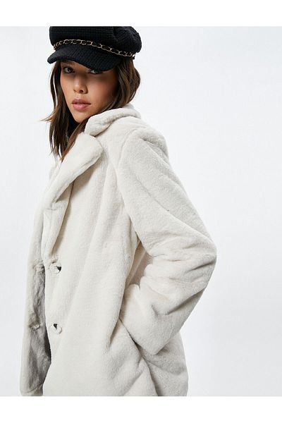 Koton Plush Coat Buttoned Jacket Collar Lined