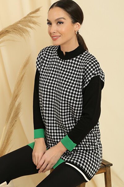 By Saygı Houndstooth Patterned Comfortable Fit Knitwear Tunic with Sleeve and Skirt End Stripe