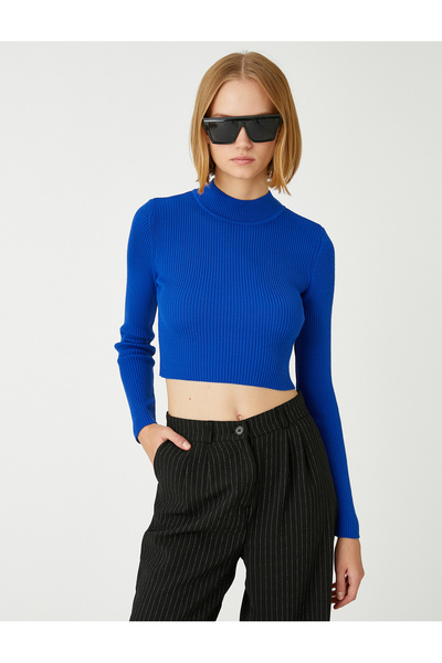 Koton Crop Tricotaj Pulover Guler Înalt Cașmir Righeat Texturat