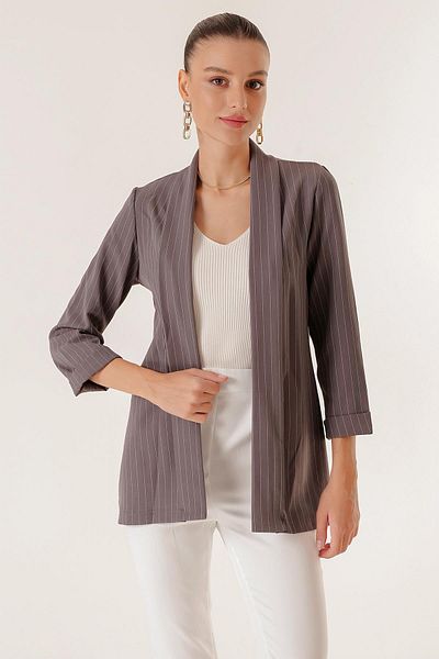 By Saygı Shawl Collar Wide Length Lycra Double Sleeve Length Slim Striped Fabric Jacket