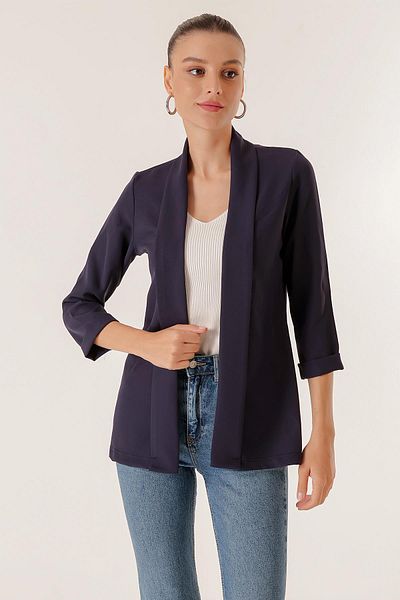 By Saygı Shawl Collar Width Lycra Double Sleeve Fabric Short Jacket