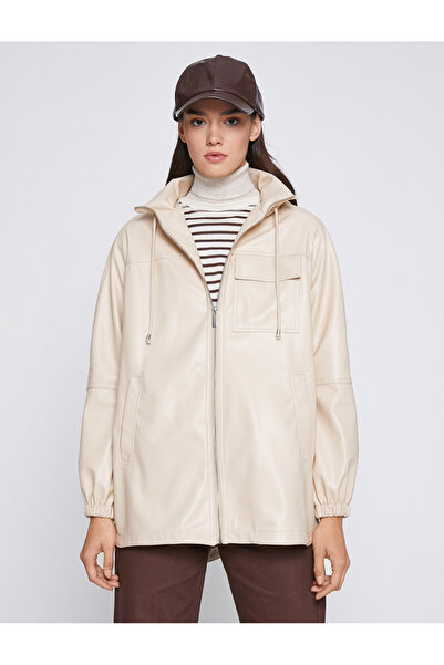 Koton Faux Leather Raincoat Hooded with Pockets