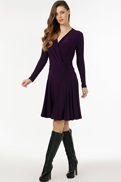 Vivika Kadın V Yaka Kruvaze Uzun Kollu Kloş Etekli Diz Üstü Likralı Elbise