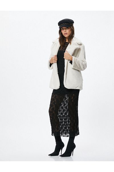 Koton Plush Coat Buttoned Jacket Collar Lined
