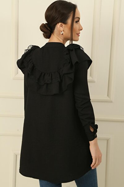 By Saygı Linen Shirt Tunic with Lace Flounce Collar and Buttoned Front