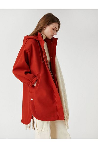 Koton Zippered Hooded Oversize Cashmere Coat with Pockets