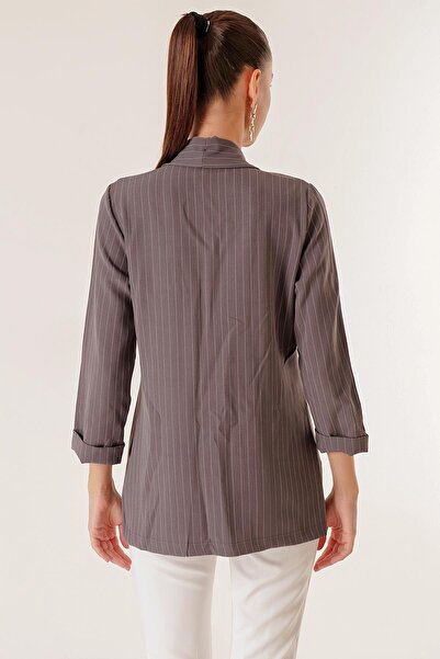 By Saygı Shawl Collar Wide Length Lycra Double Sleeve Length Slim Striped Fabric Jacket