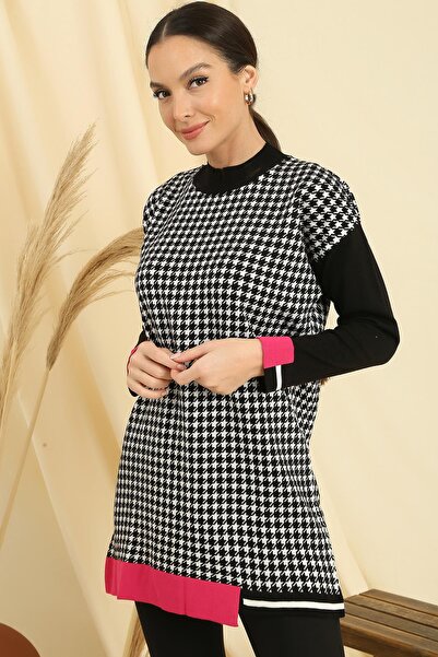 By Saygı Houndstooth Patterned Comfortable Fit Knitwear Tunic with Sleeve and Skirt End Stripe