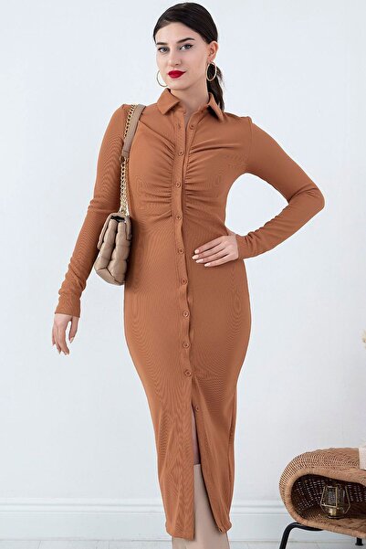 Vivika Gömlek Yakalı Göğsü Drapeli Büzgülü Boydan Düğmeli İnce Fitilli Triko Midi Boy Dar Esnek Şık Elbise