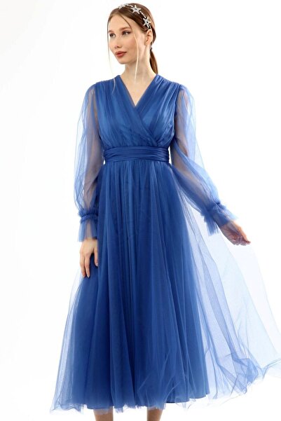 Genel Markalar Midi Çan Etek Uzun Balon Kollu V Kruvaze Yaka Beli Oturtmalı F...