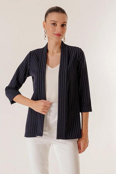 By Saygı Shawl Collar Wide Length Lycra Double Sleeve Length Slim Striped Fabric Jacket