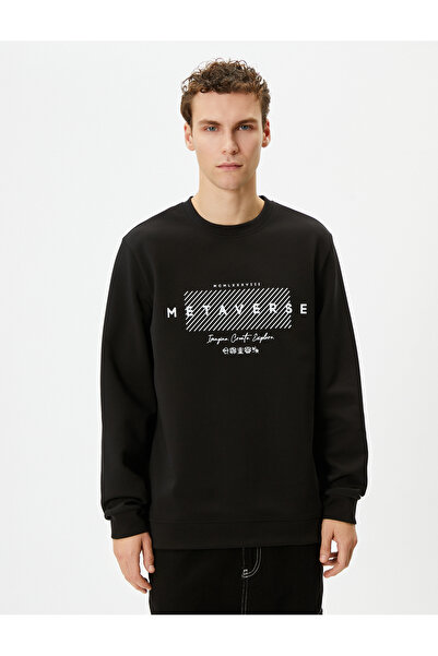 Koton Σλόγκαν φούτερ με λαιμόκοψη με εμπριμέ μακρυμάνικο με ραβδώσεις