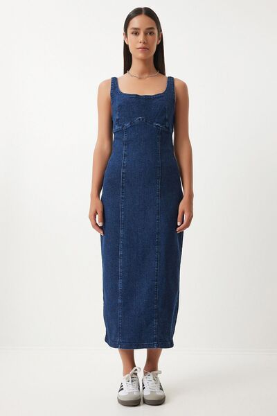 Vivika Kadın Kare Yaka Kalın Askılı Yırtmaçlı Fit Model Diz Altı Midi Boy Jean Kot Denim Jile Elbise