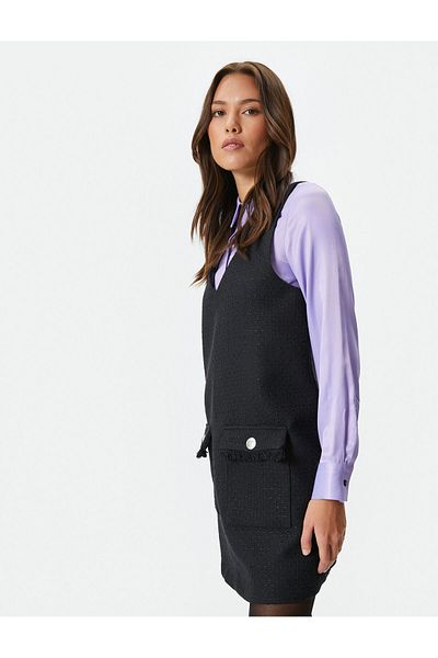 Koton Μίνι Tweed Gilet Φόρεμα V λαιμόκοψη με λεπτομέρεια τσέπης με φούντα