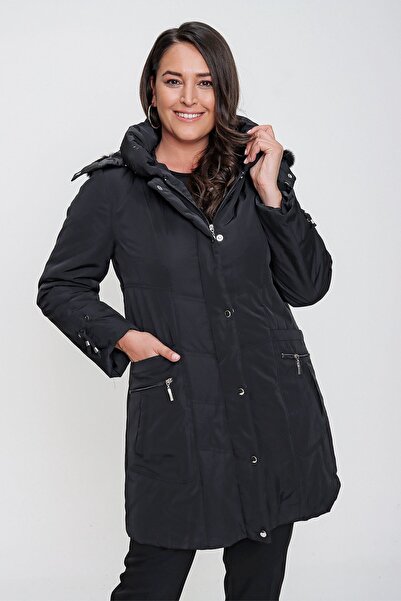 By Saygı Ταξιδιωτικό παλτό με κουκούλα από φτερό χήνας με επένδυση από ίνες Anorak Plus Size Μαύρο