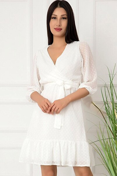 Vivika Kabartmalı Dokulu Kumaşlı Truvakar Yarım Kollu V Kruvaze Yaka Beli Kuş...