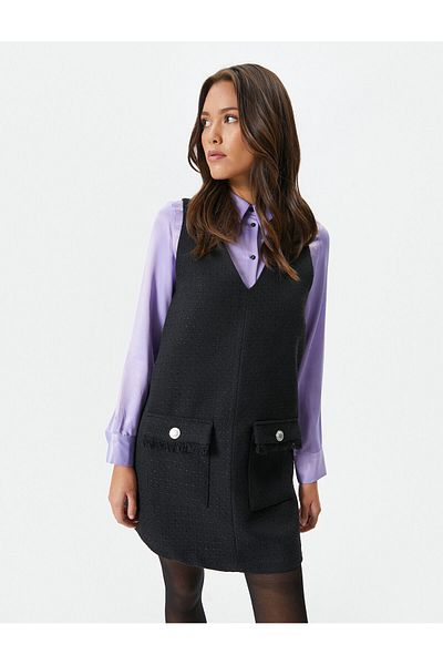Koton Μίνι Tweed Gilet Φόρεμα V λαιμόκοψη με λεπτομέρεια τσέπης με φούντα