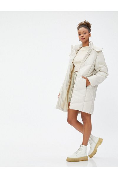 Koton Long Puffer Coat Leather Look Hooded Zippered