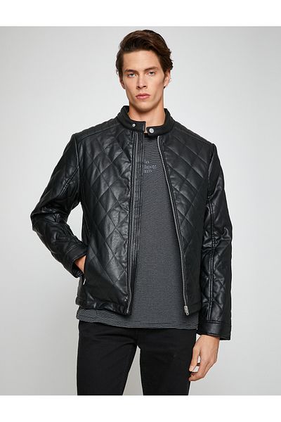Koton Leather Look Jacket Bomber Collar Quilted Pocket Detailed Waterproof