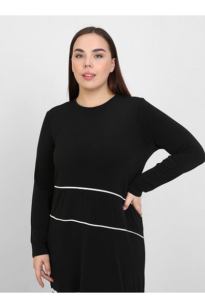 ALİA Πλεκτό Φόρεμα Plus Size με Λεπτομέρεια Piping - Μαύρο - Εκρού - Alia