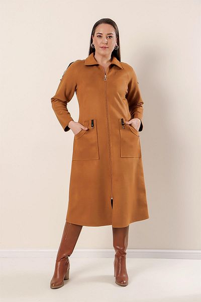 By Saygı Large Size Suede Coat with Stripe Shoulders and Zippered Front Pockets