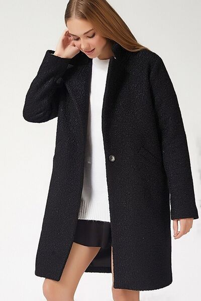 Vivika Kadın Ceket Yaka Tek Düğmeli Cepli Astarlı Buklet Yün Midi Boy Kaban