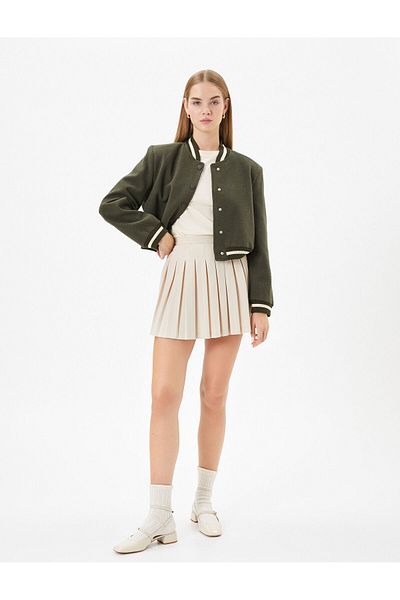 Koton College Jacket Slim Fit Crop Round Neck Snap Button Closure