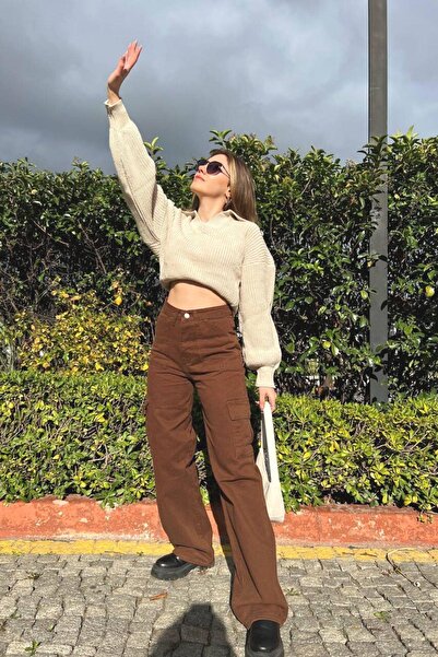 Mossta Дънки с висока талия и джобове тип карго в цвят кафе