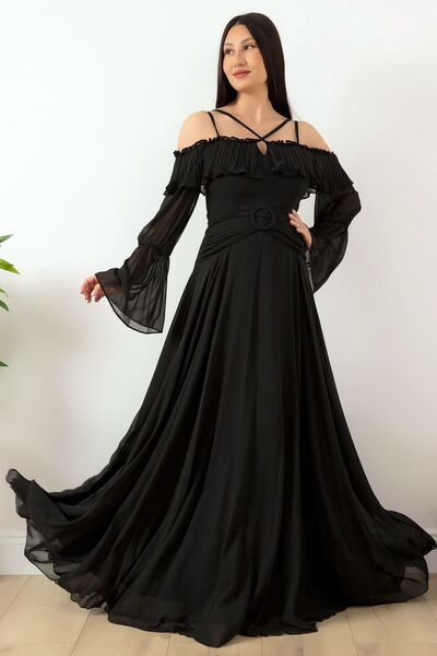 Vivika Uzun Dökümlü İspanyol Kollu Fırfırlı Madonna Yaka Halka Tokalı Maxi Şık ve Cool Romantik Şifon Abiye