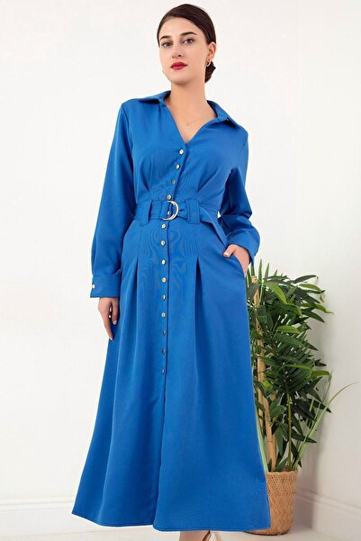 Vivika Manşet Detaylı Uzun Kollu Göğüs Altı Pensli V Gömlek Yaka Şık Kemerli Düğmeli Midi Boy Cool Elbise