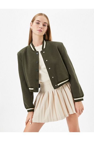 Koton College Jacket Slim Fit Crop Round Neck Snap Button Closure