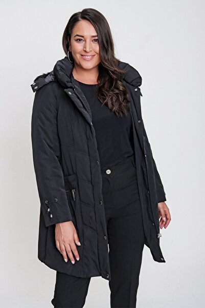 By Saygı Ταξιδιωτικό παλτό με κουκούλα από φτερό χήνας με επένδυση από ίνες Anorak Plus Size Μαύρο