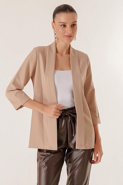 By Saygı Shawl Collar Width Lycra Double Sleeve Fabric Short Jacket