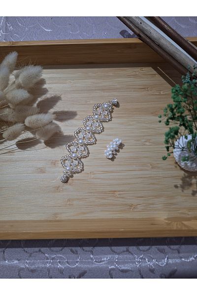 Magika Design Diamond Shiny Bead Detailed Bijouterie Bracelet and White Bead Ring for Md Kid Set of 2
