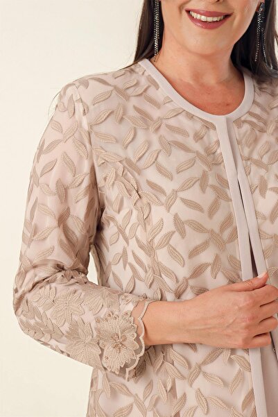 By Saygı Beaded Embroidered Laced Lined Jacket Blouse Trousers Plus Size 3-Piece Crepe Suit