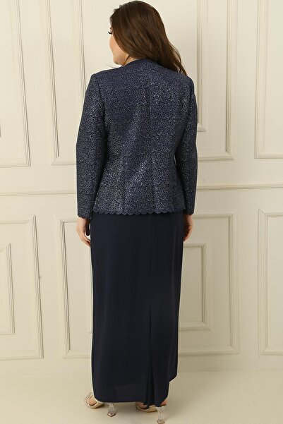 By Saygı Collar Stone Lined Long Crepe Dress Sequin Jacket Plus Size 2 Piece Set