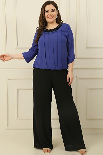 By Saygı Women's Elastic Waist Lined Palazzo Plus Size Chiffon Pants