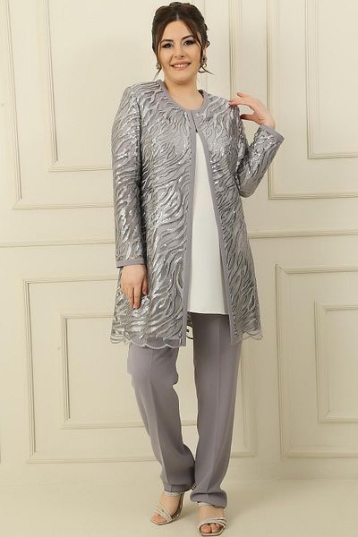 By Saygı Large Size 3-Piece Set with Tank Top, Piping Lined Waterway Embroidery Embroidered Jacket and Trousers
