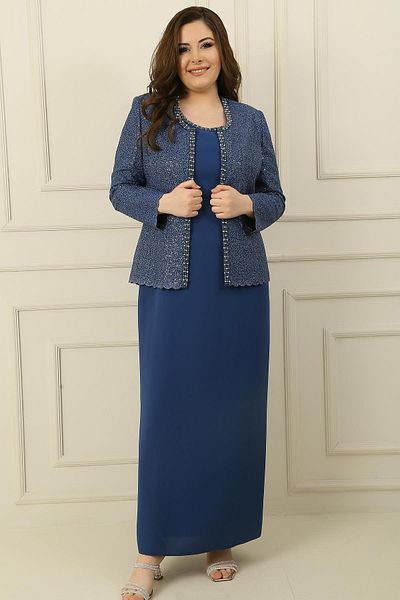 By Saygı Collar Stone Lined Long Crepe Dress Sequin Jacket Plus Size 2 Piece Set
